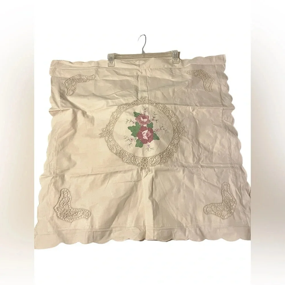 Battenberg Lace Handpainted Floral Square Pillow Shams Set of 2